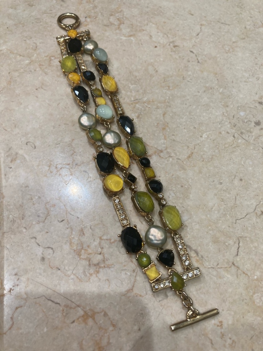 Multi-Color Gemstone and Pearl Statement Bracelet - Yellow, Green, Black